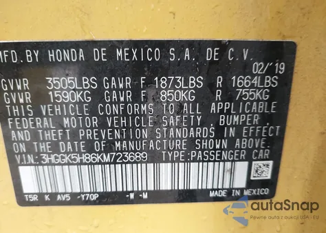 2019 Honda Fit Ex z USA, uszkodzony, nr VIN 3HGGK5H86KM723689